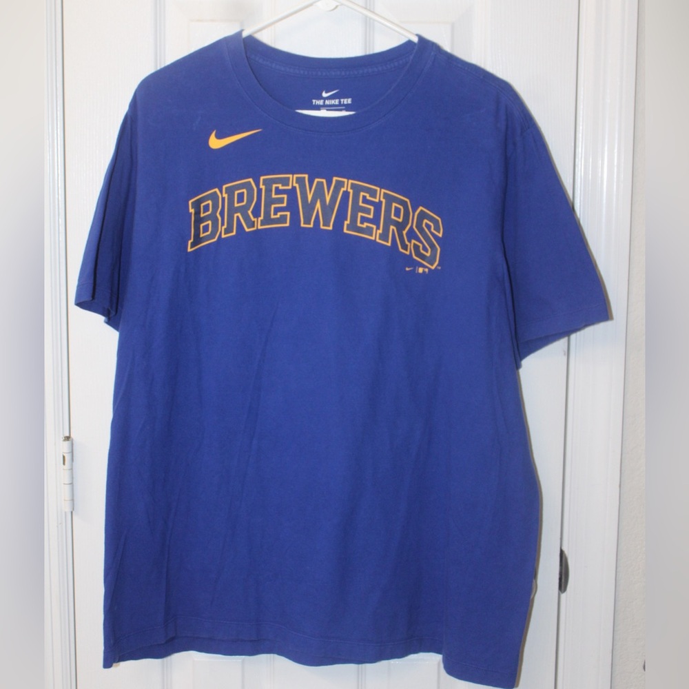 MLB XL Brewers #22 Yelich Men's Blue Short Sleeve Nike T-Shirt